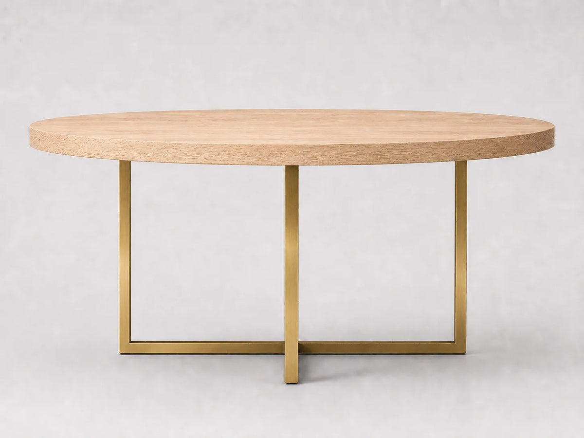 Round Solid Oak Dining Table with Brass Metal Base