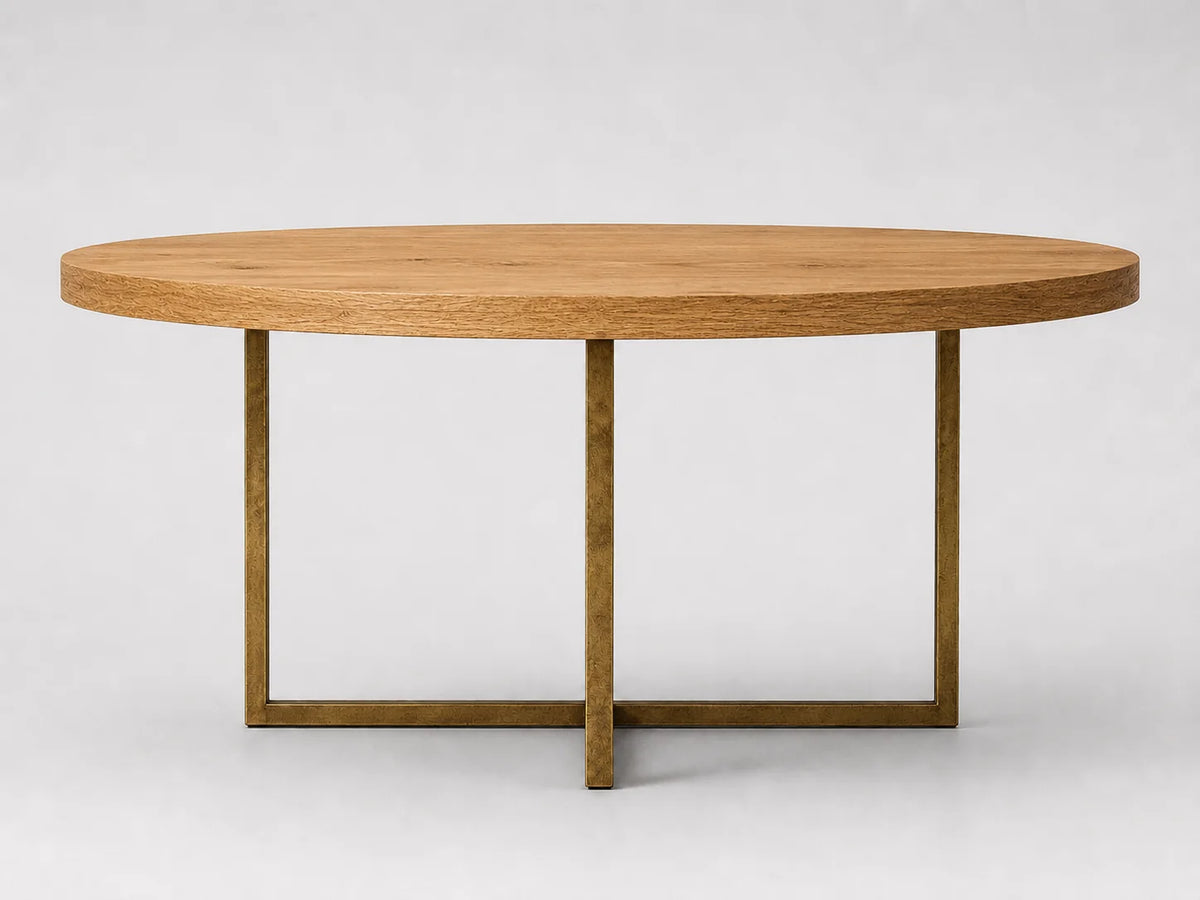 Round Solid Oak Dining Table with Brass Metal Base