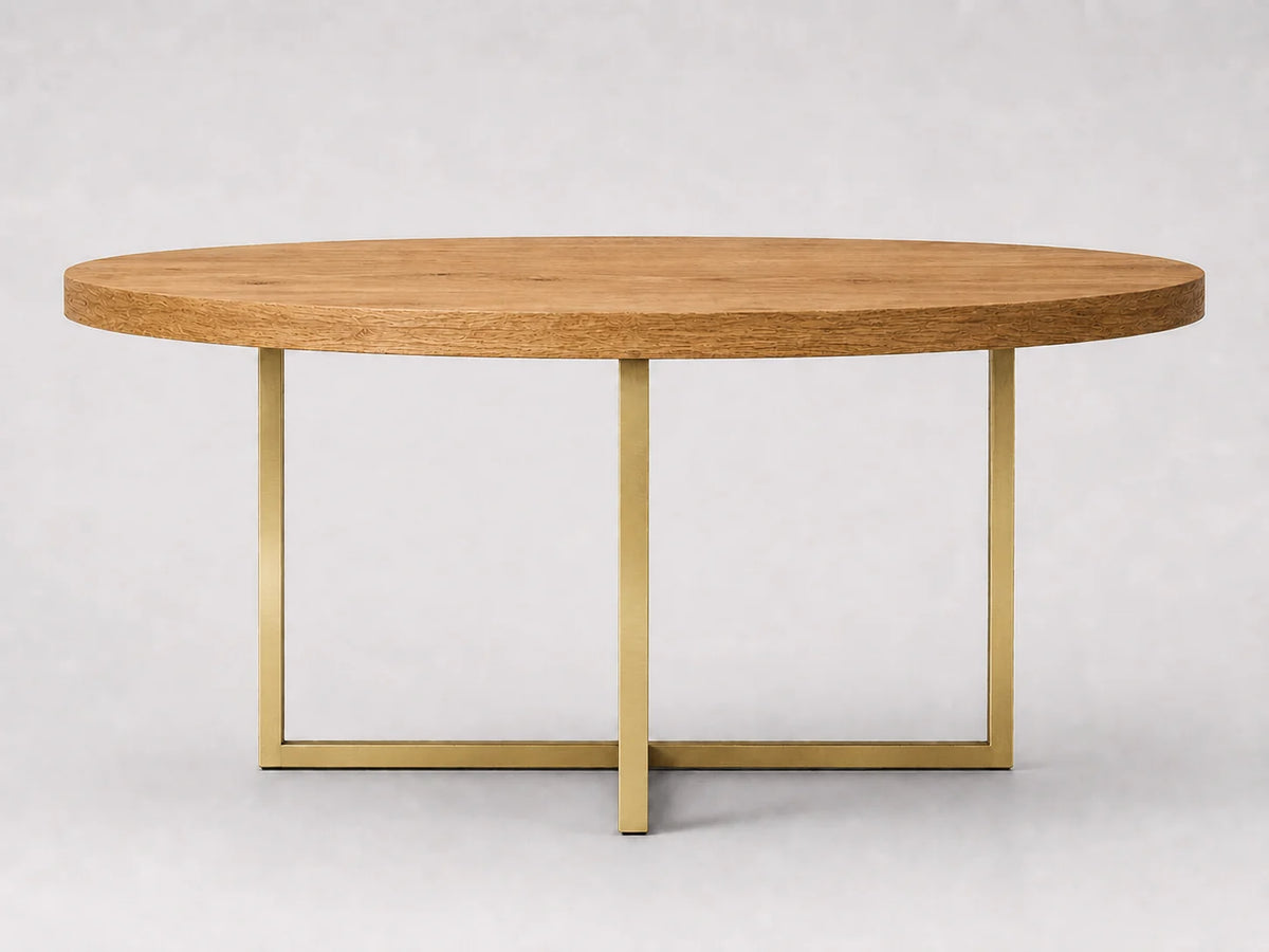 Round Solid Oak Dining Table with Brass Metal Base