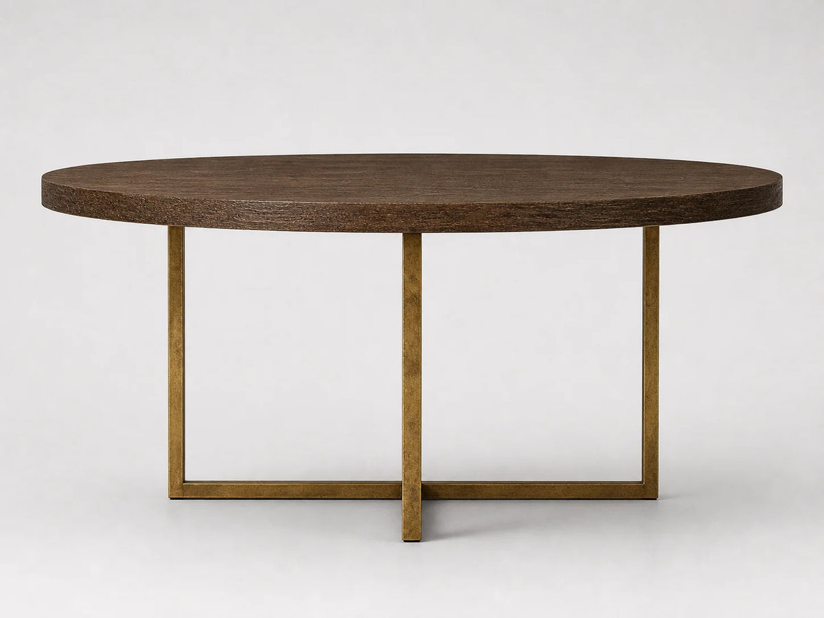 Round Solid Oak Dining Table with Brass Metal Base