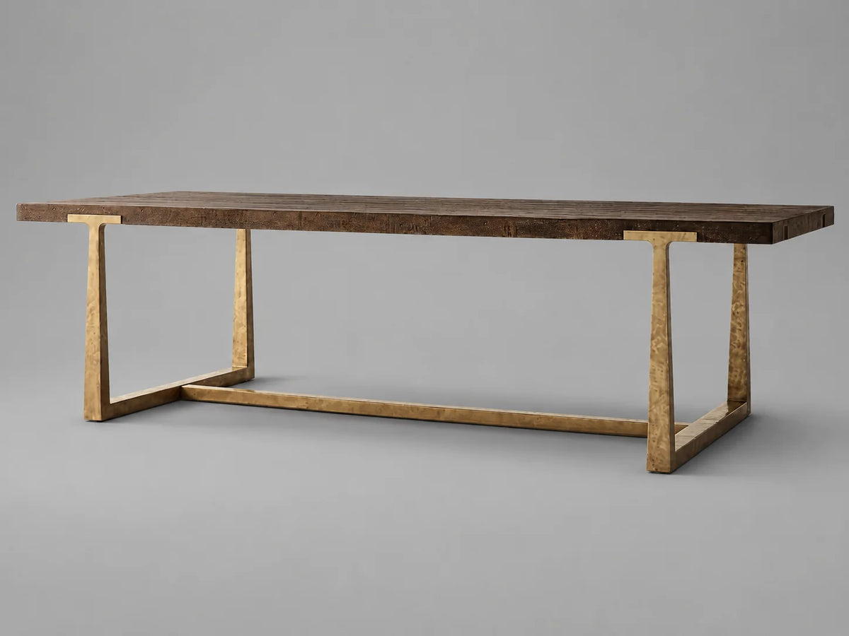 Expandable Solid Oak Dining Table, Forged Brass Base，8-10seats