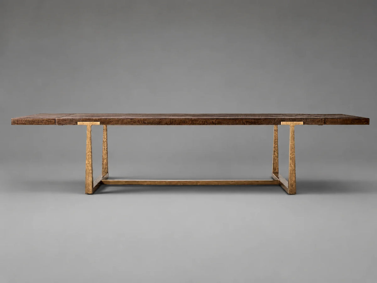 Expandable Solid Oak Dining Table, Forged Brass Base，8-10seats