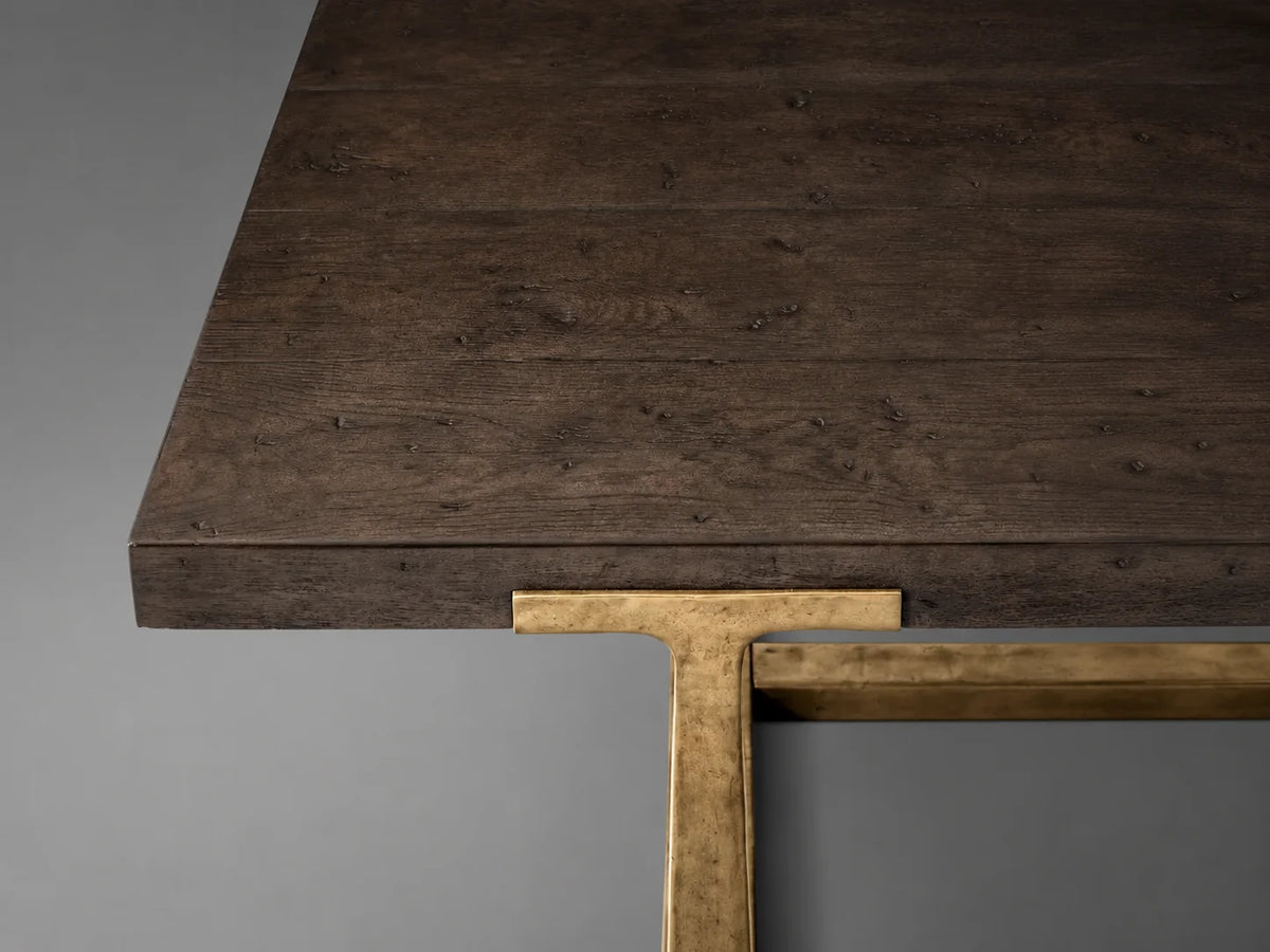 Expandable Solid Oak Dining Table, Forged Brass Base，8-10seats
