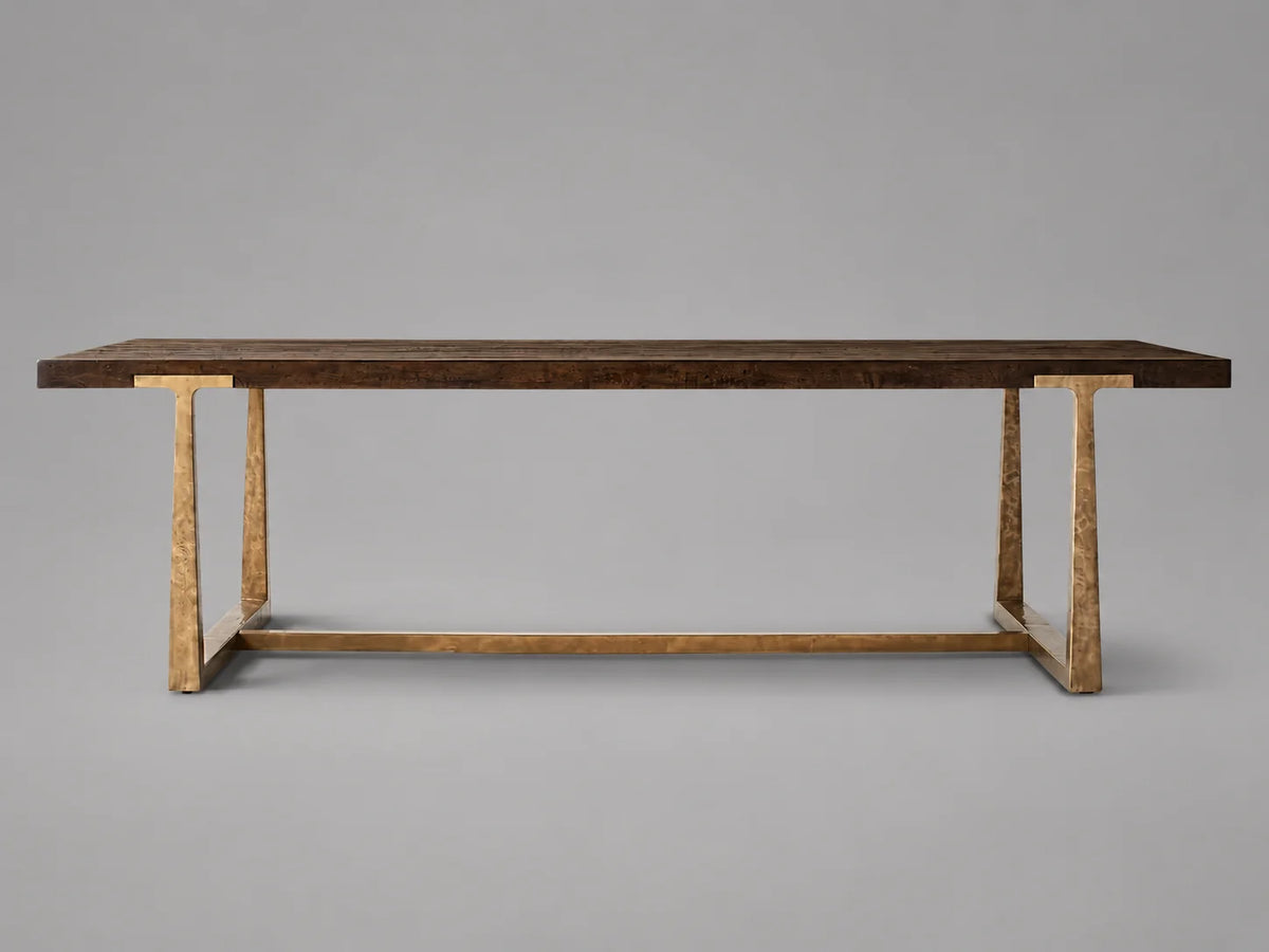 Expandable Solid Oak Dining Table, Forged Brass Base，8-10seats