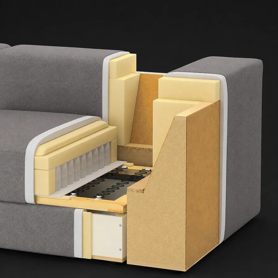 Layered foam and spring support cutaway inside an upholstered sofa