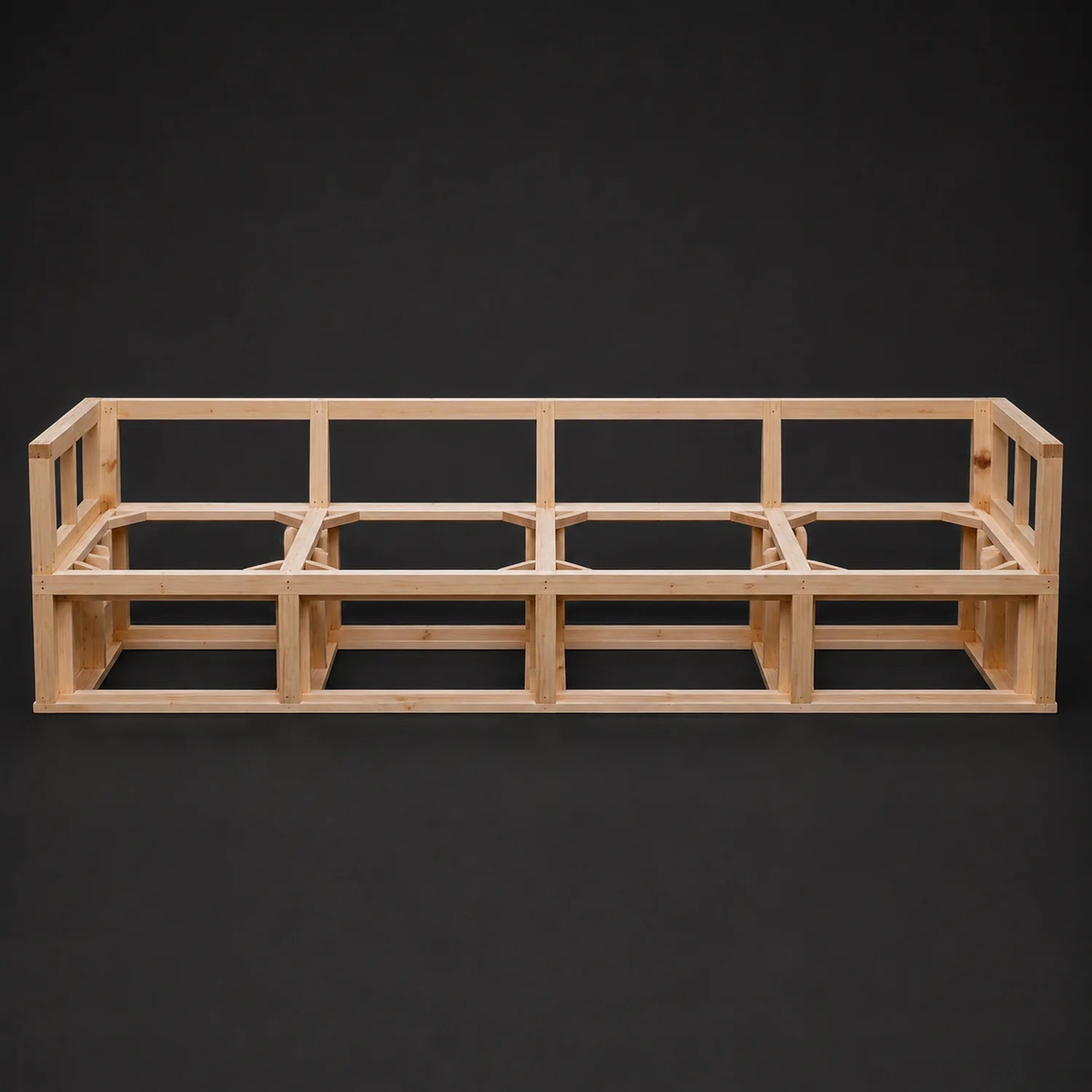 Completed wood sofa frame ready for manual stability test