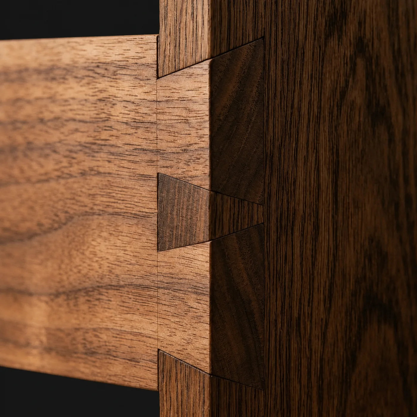 Close view of interlocking solid wood joinery fit