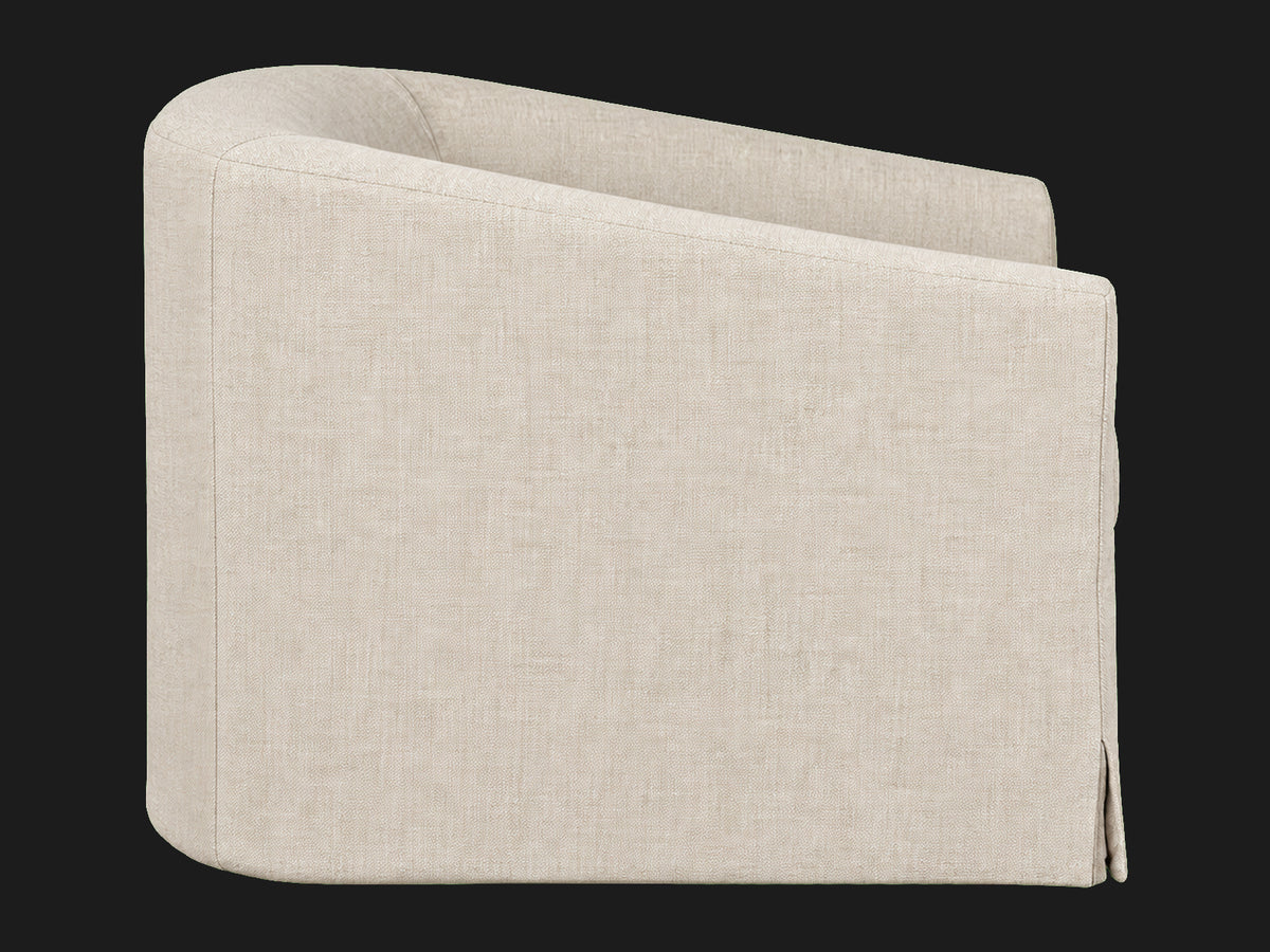Ziki slipcovered swivel chair in Performance Linen Weave Beige, rear three-quarter view