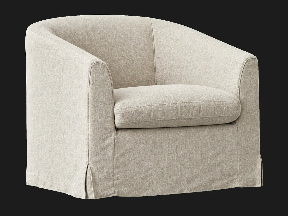 Ziki slipcovered swivel chair in Performance Linen Weave Beige, front three-quarter view