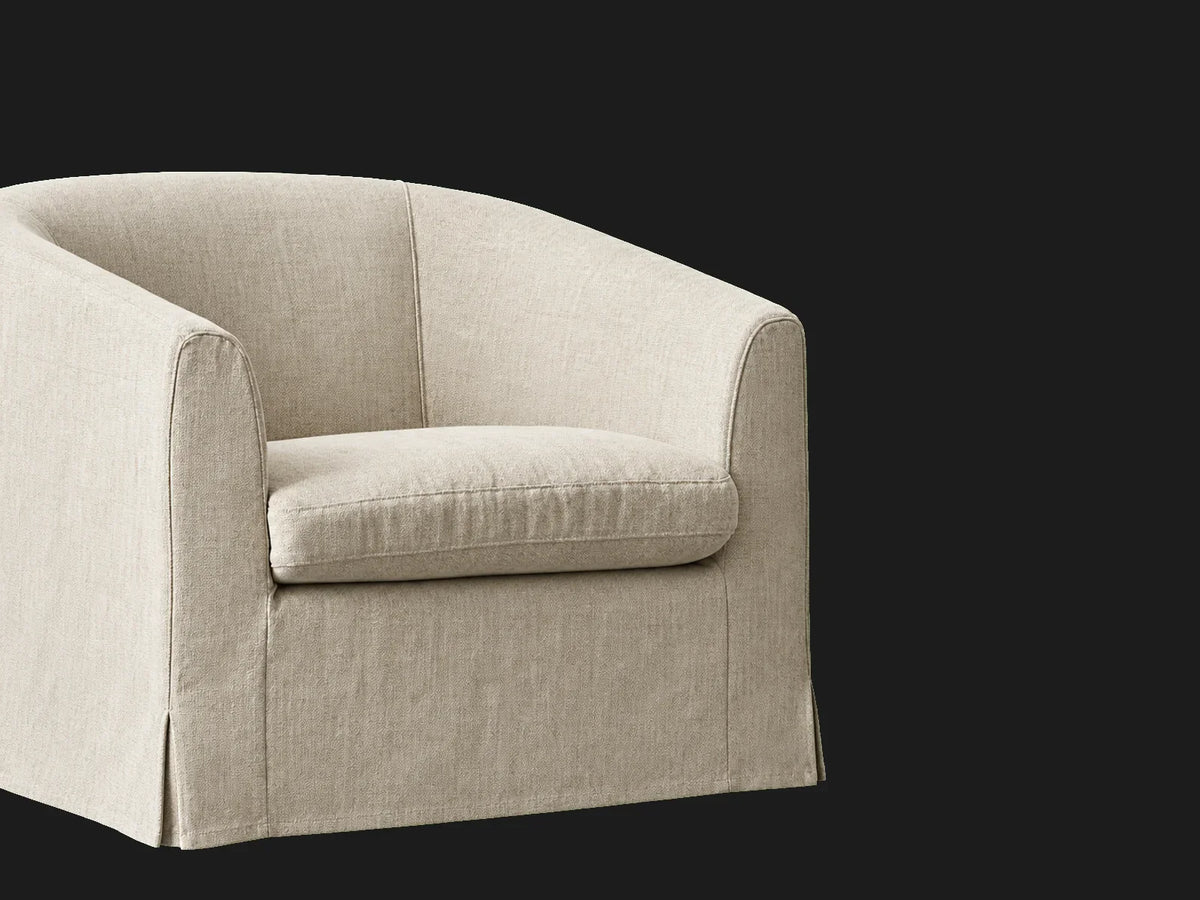 Ziki slipcovered swivel chair in Performance Linen Weave Beige, upholstery detail